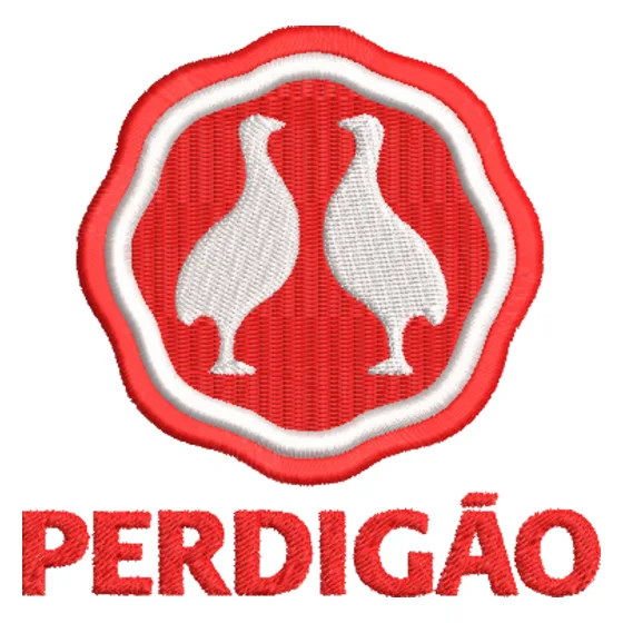 Depois: o selo da Perdigão com as duas aves convertido em matriz de bordado, com os pontos à vista